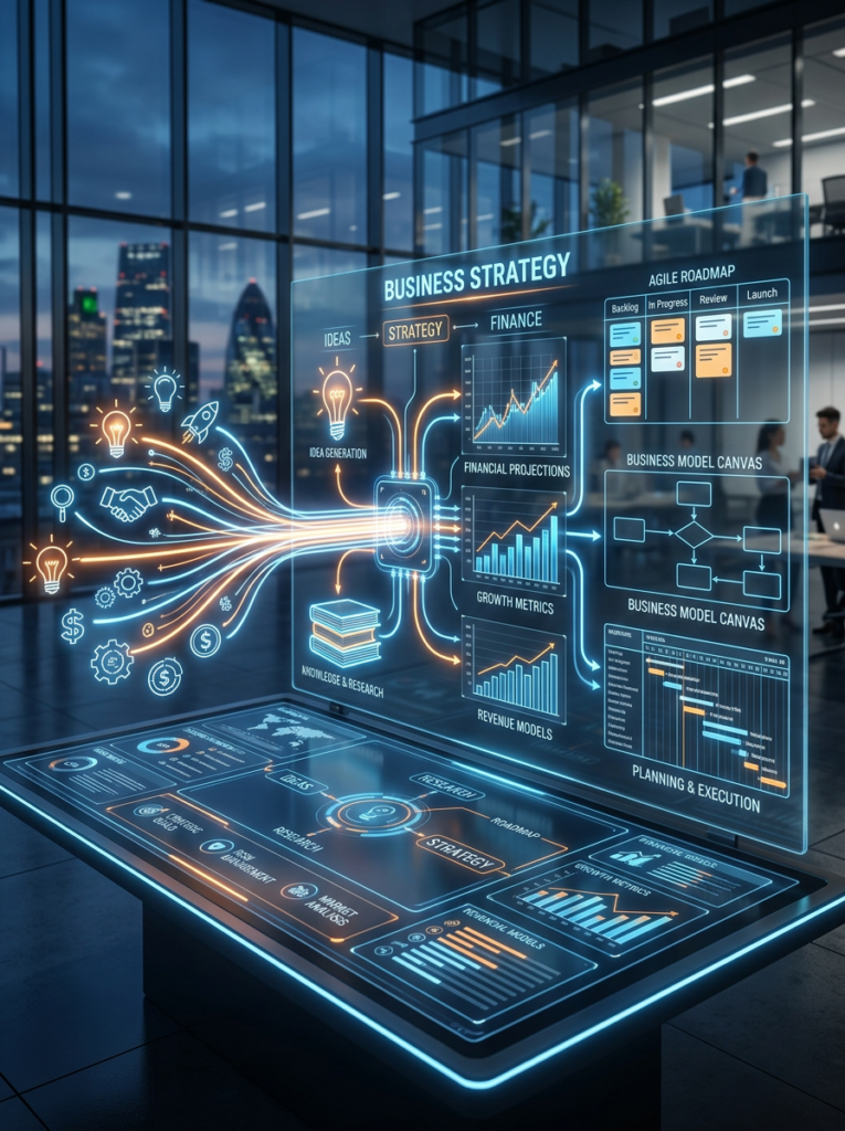 Visualizzazione digitale di una strategia aziendale: idee, analisi finanziarie e dashboard che convergono nella costruzione di un business plan.