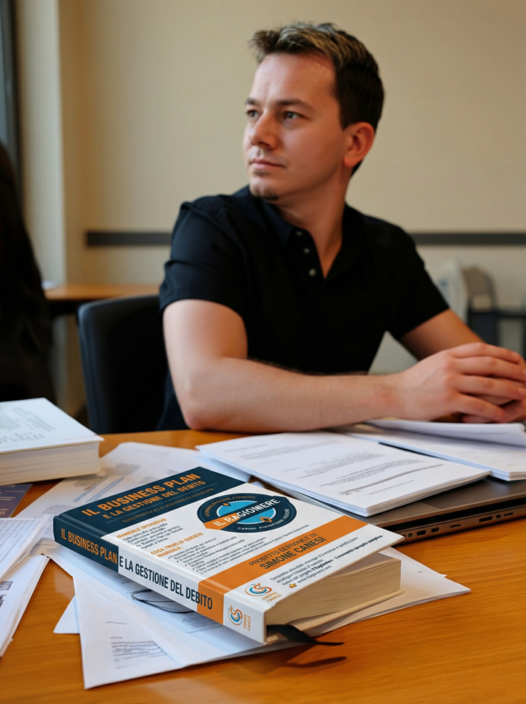 Professionista seduto a una scrivania con manuale “Il Business Plan e la gestione del debito” in primo piano, circondato da documenti di lavoro.