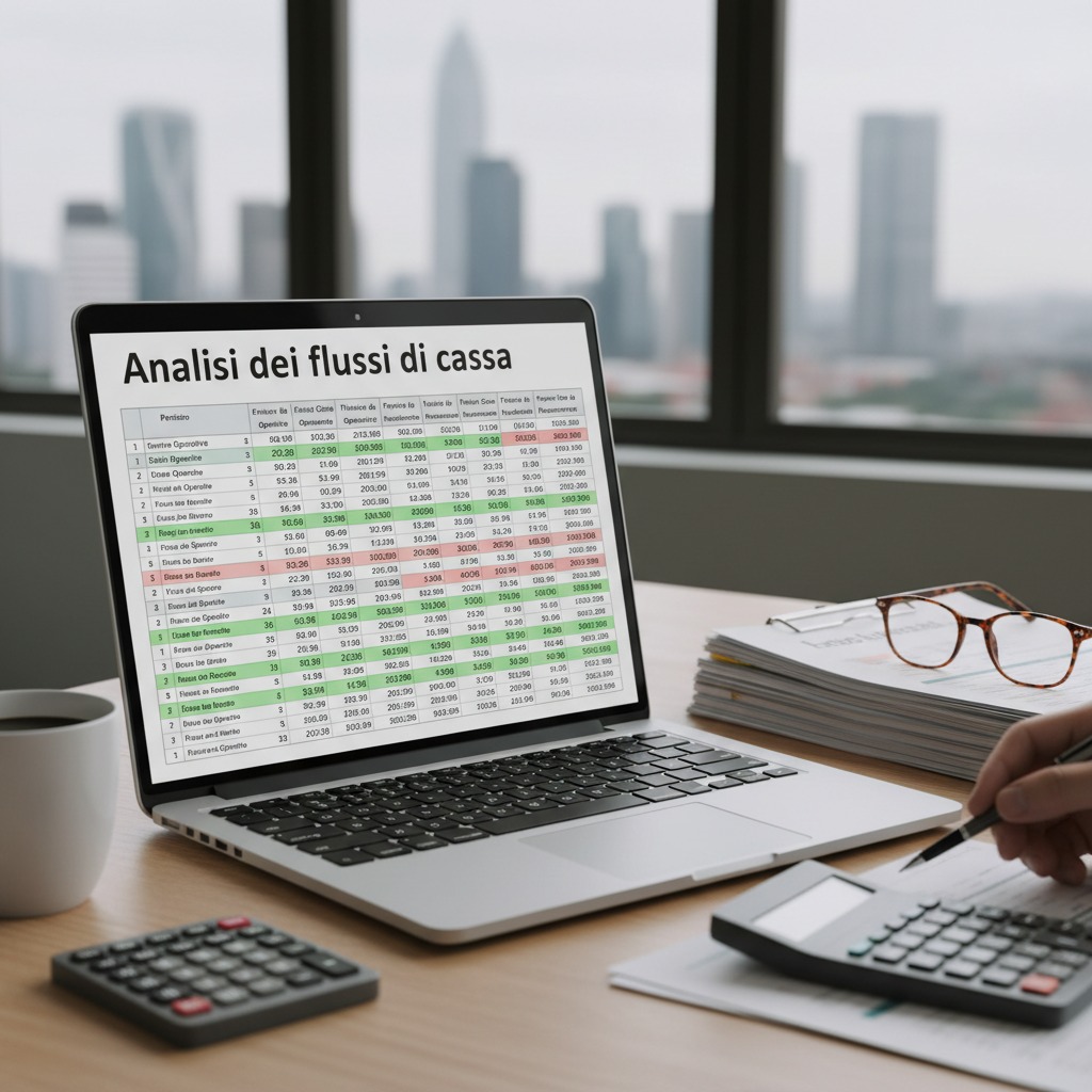 Analisi dei flussi di cassa su laptop, con calcolatrice, documenti e taccuino.