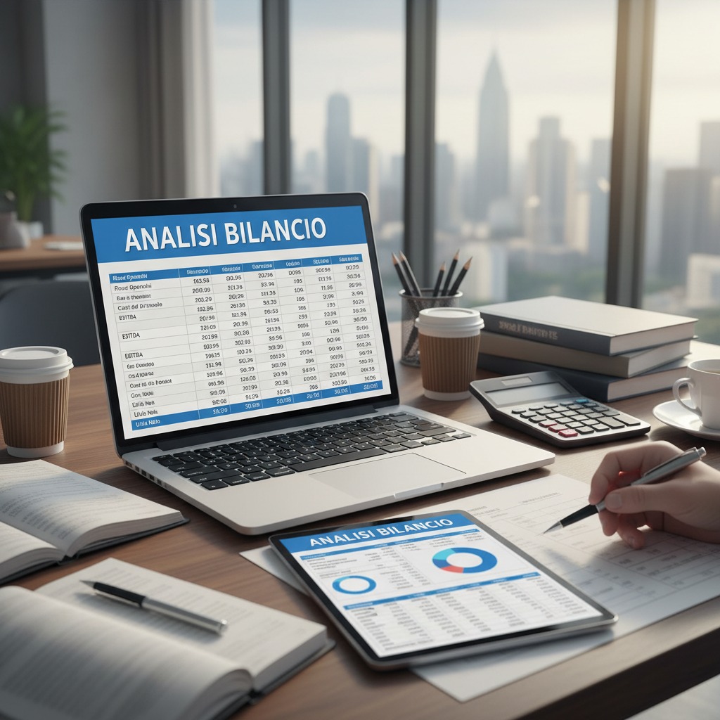 Laptop e tablet con schermata di analisi del bilancio, calcolatrice e documenti su una scrivania.