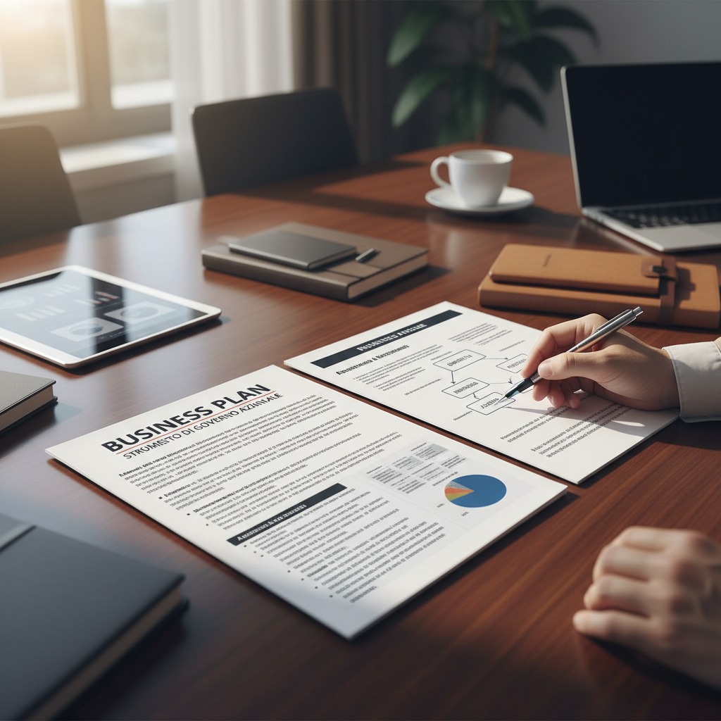 Mano che compila documenti di business plan con grafici e schemi, su tavolo di lavoro con computer, taccuini e tablet.