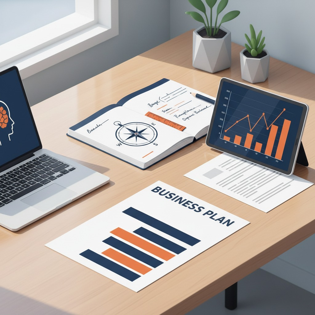 Scrivania con laptop, tablet che mostra grafici, business plan stampato, taccuino con bussola e piante, simbolo di pianificazione e orientamento strategico.