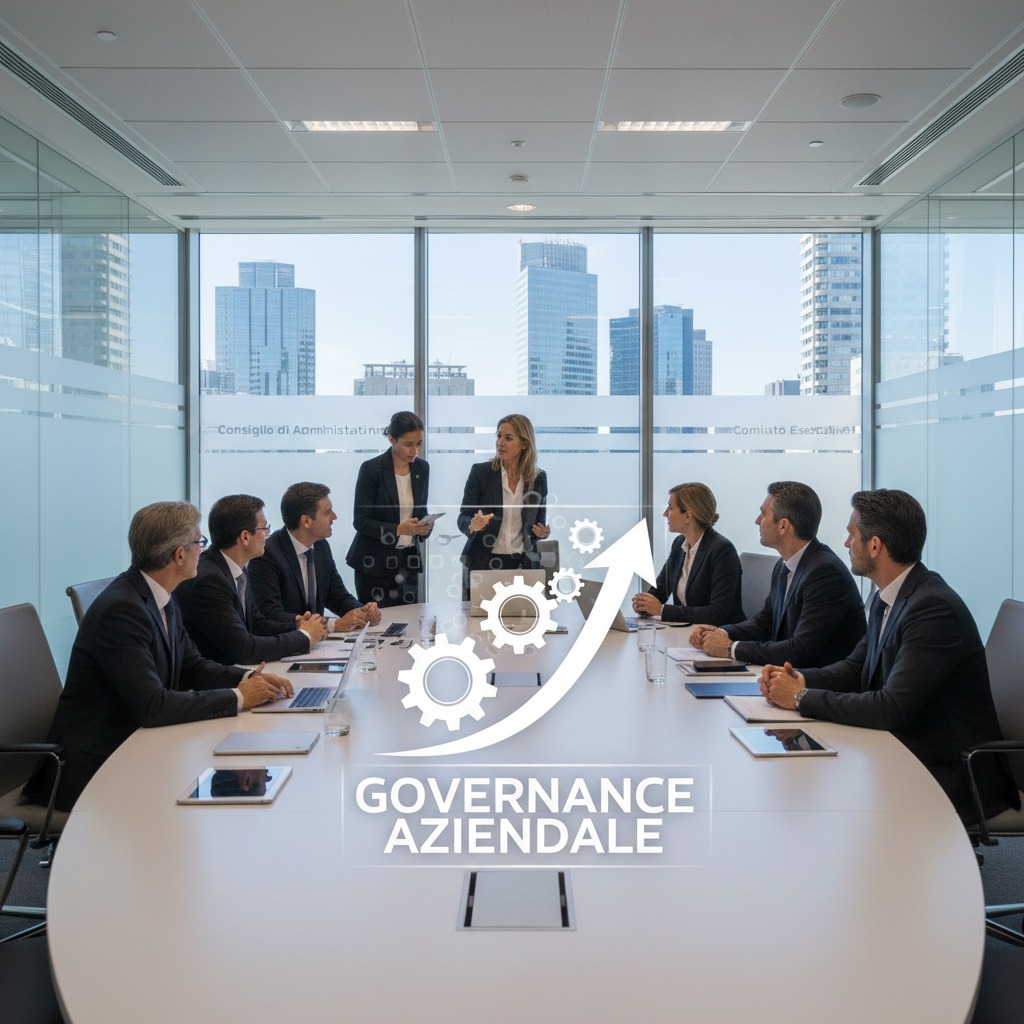 Riunione di manager in sala conferenze con skyline urbano sullo sfondo, grafica sovrapposta con ingranaggi, freccia e scritta “Governance Aziendale”.
