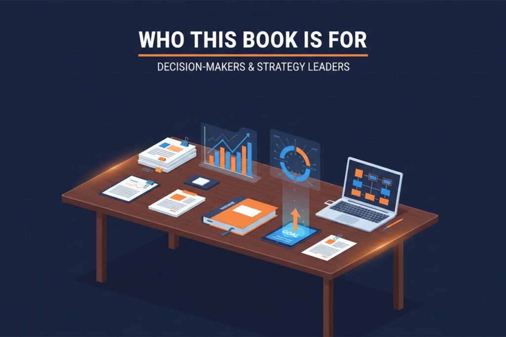 Illustrazione di tavolo con libri, documenti, laptop e grafici digitali, con la scritta “Who this book is for – Decision-makers & Strategy Leaders”.