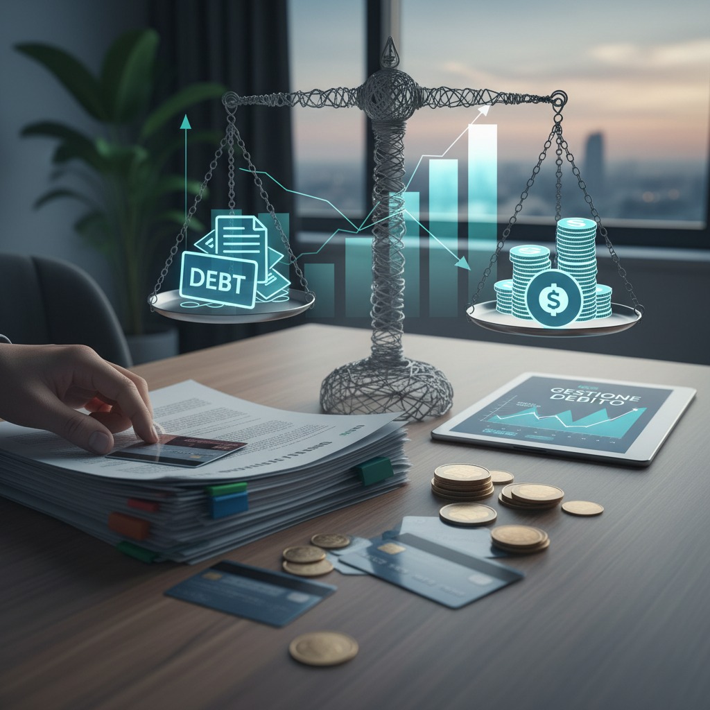 Bilancia che confronta debito e denaro, con grafici finanziari, monete, carte di credito e documenti su scrivania, simbolo di gestione e sostenibilità finanziaria.