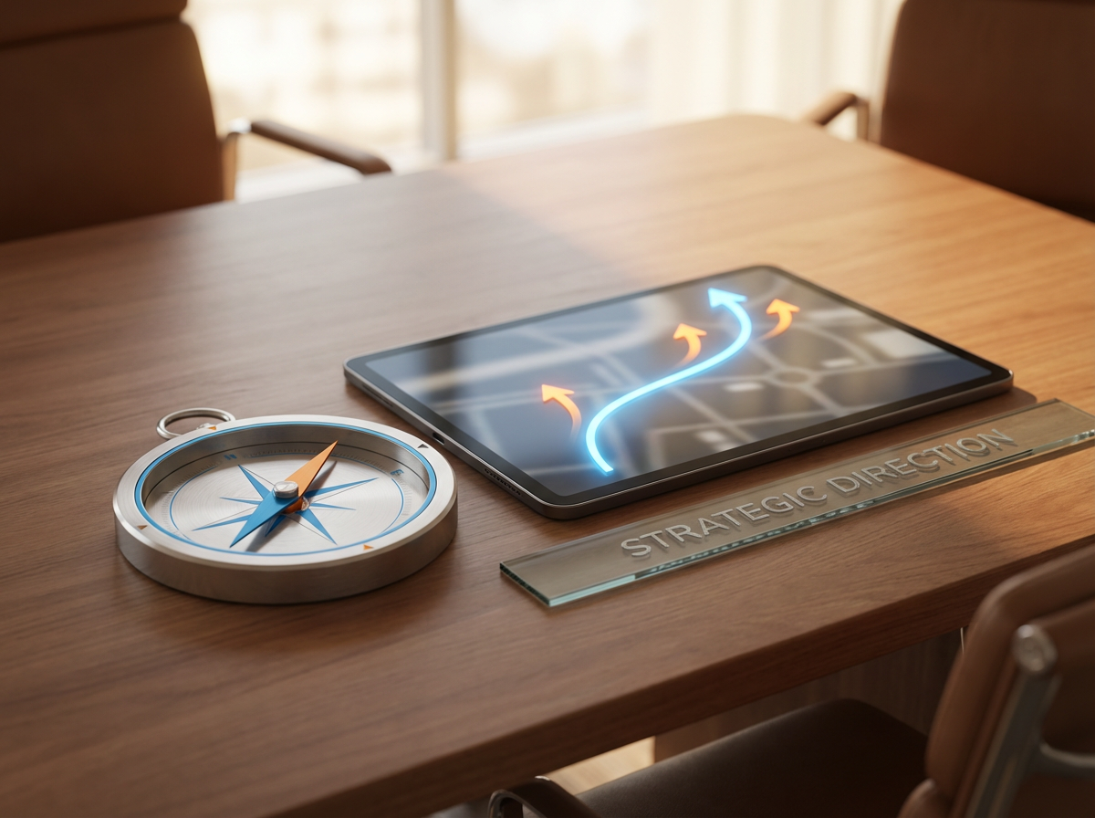 Bussola e tablet che rappresentano orientamento strategico e pianificazione aziendale.
