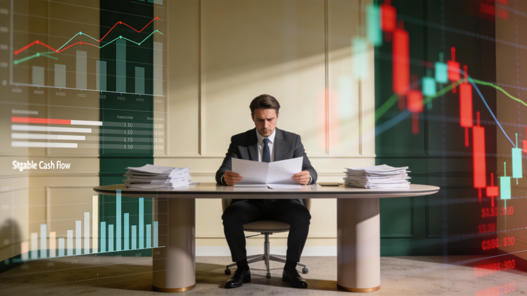 Professionista analizza documenti finanziari con grafici di cash flow e andamento della liquidità aziendale.